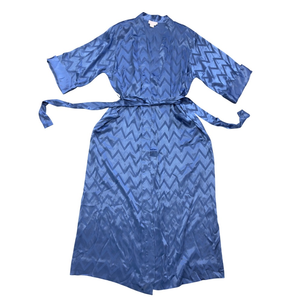 Bonwit Teller Vintage 100% Silk Blue Chevron Jacquard Long Robe Kimono Large